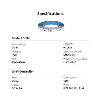 GloboStar® 80098 SONOFF L3-5M RGB Smart LED Strip Light WiFi 2.4GHz 90 SMD/5M 5050 5m Roll & Power Adapter DC 5V Max 10W