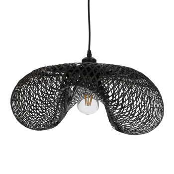 GloboStar® MEXICO 02201 Boho Κρεμαστό Φωτιστικό Οροφής Μονόφωτο 1 x E27 AC220-240V IP20 - Μ65 x Π45 x Υ18cm - Μαύρο Ξύλινο Μπαμπού Πλέγμα - 5 Χρόνια Εγγύηση