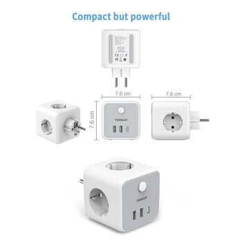 TESSAN 6 IN 1 POWERCUBE SOCKET 3xSCHUKO, 2xUSB, 1xTYPE-C, 2M CABLE