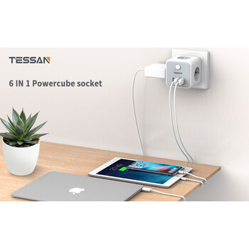 TESSAN 6 IN 1 POWERCUBE SOCKET 3xSCHUKO, 2xUSB, 1xTYPE-C, 2M CABLE
