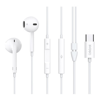 CELEBRAT earphones με μικρόφωνο E500, USB-C, 1.2m, λευκά