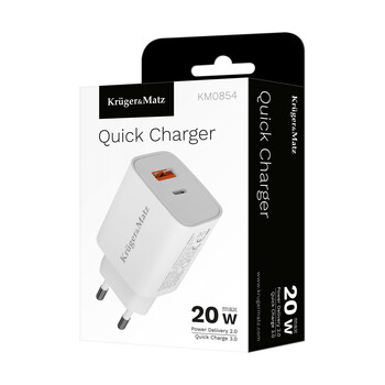 KM0854 . Φορτιστής USB A - USB C 20W με λειτουργία Power Delivery και Quick Charge Kruger&Matz GAN