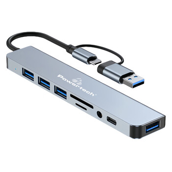 POWERTECH docking station PTR-0151, 8 θυρών, USB & USB-C σύνδεση, γκρι