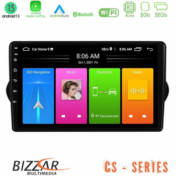 Bizzar cs Series 4core Android13 2+32gb Fiat Tipo 2015-2022 (Hatchback) Navigation Multimedia Tablet 9 u-cs-Ft1281