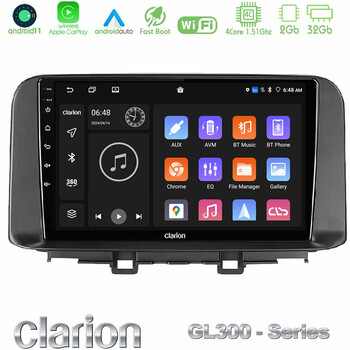 Clarion Gl300 Series 4core Android11 2+32gb Hyundai Kona 2018-2023 Navigation Multimedia Tablet 10 με Carplay &Amp; Android Auto u-gl3-Hy0342