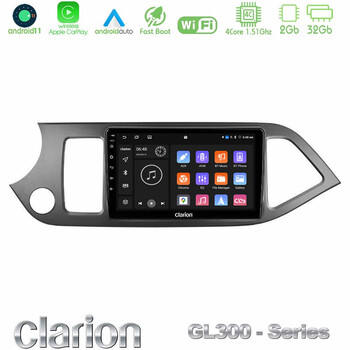 Clarion Gl300 Series 4core Android11 2+32gb kia Picanto Navigation Multimedia Tablet 9 με Carplay &Amp; Android Auto u-gl3-Ki0611