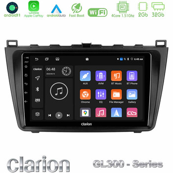 Clarion Gl300 Series 4core Android11 2+32gb Mazda 6 2008-2012 Navigation Multimedia Tablet 9 με Carplay &Amp; Android Auto u-gl3-Mz0233