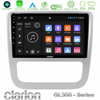 Clarion Gl300 Series 4core Android11 2+32gb vw Scirocco 2008-2014 Navigation Multimedia Tablet 9 με Carplay & Android Auto u-gl3-Vw0057sl