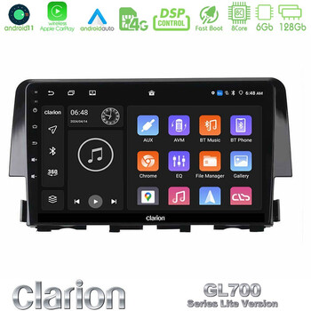 Clarion Gl700 Lite Series 8core Android11 6+128gb Honda Civic 2016-2020 Navigation Multimedia Tablet 9 με Carplay &Amp; Android Auto u-G76l-Hd0058