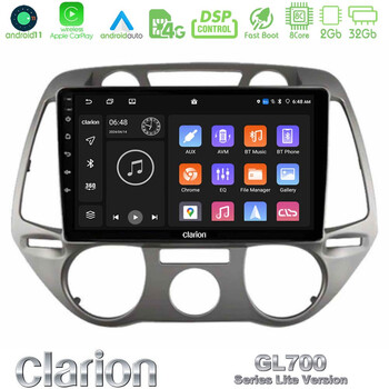 Clarion Gl700 Lite Series 8core Android11 2+32gb Hyundai i20 2009-2012 Manual a/c Navigation Multimedia Tablet 9 με Carplay &Amp; Android Auto u-G72l-Hy0709m