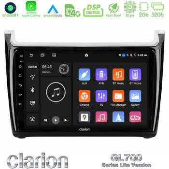 Clarion Gl700 Lite Series 8core Android11 2+32gb vw Polo Navigation Multimedia Tablet 9 με Carplay & Android Auto u-G72l-Vw6901pb
