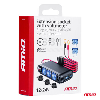 03782/AM ΒΟΛΤΟΜΕΤΡΟ ΜΕ 3 ΥΠΟΔΟΧΕΣ ΦΙΣ ΑΝΑΠΤΗΡΑ 3xUSB-C+USB-C12/24V 300W 5V/3AQC AMIO - 1 Τεμ.