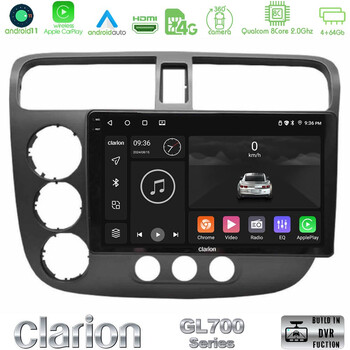Clarion Gl700 Series 8core Android11 4+64gb Honda Civic 2001-2005 Navigation Multimedia Tablet 9 με Carplay &Amp; Android Auto u-gl7-Hd174n