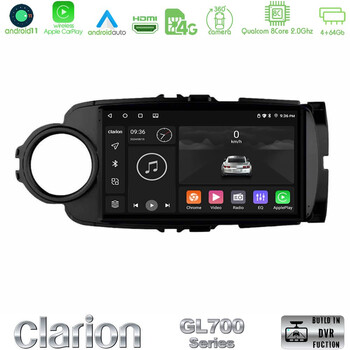 Clarion Gl700 Series 8core Android11 4+64gb Toyota Yaris Navigation Multimedia Tablet 9 (Μαύρο Χρώμα) με Carplay &Amp; Android Auto u-gl7-Ty0635