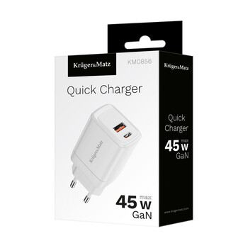 KM0856 . Φορτιστής USB A - USB C 45W με λειτουργία Power Delivery και Quick Charge Kruger&Matz GAN