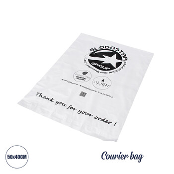 40*50cm courier bag with 14*25cm invoice bag with glue white bag with black print