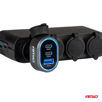 04177/AM ΦΟΡΤΙΣΤΗΣ ΑΝΑΠΤΗΡΑ ΜΕ 3 ΘΥΡΕΣ 2xUSB-C 65W/20W+USB-A QUICK CHARGE 3.0 ΜΑΥΡΟ AMIO - 1 Τεμ.