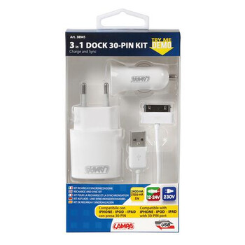 L3894.5/T Καλώδιο Φορτισης / Συγχρονισμού USB για Apple 100cm 30pin με αντάπτορα USB αναπτήρα 12V/24V και αντάπτορα 220V