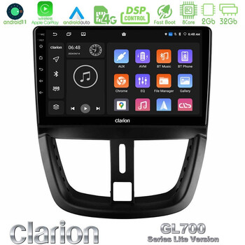 Clarion Gl700 Lite Series 8core Android11 2+32gb Peugeot 207 Navigation Multimedia Tablet 9 με Carplay &Amp; Android Auto u-G72l-Pg0688