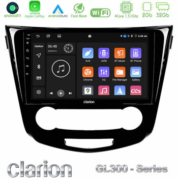 Clarion Gl300 Series 4core Android11 2+32gb Nissan Qashqai j11 (Manual A/c) Navigation Multimedia Tablet 10 με Carplay &Amp; Android Auto u-gl3-Ns0004m