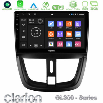 Clarion Gl300 Series 4core Android11 2+32gb Peugeot 207 Navigation Multimedia Tablet 9 με Carplay &Amp; Android Auto u-gl3-Pg0688