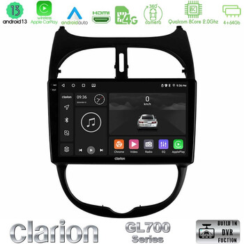 Clarion Gl700 Series 8core Android13 4+64gb Peugeot 206 Navigation Multimedia Tablet 9 με Carplay &Amp; Android Auto u-gl7-Pg0540
