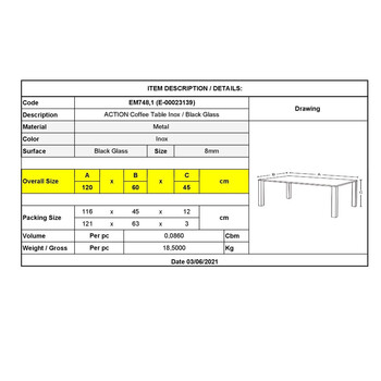 ACTION Τραπεζάκι Σαλονιού - Καθιστικού 120x60cm Inox - Μαυρό Γυαλί 8mm