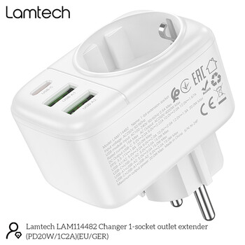 LAMTECH MULTIFUNCTIONAL WALL SOCKET 1xSCHUKO 2xUSB 1xTYPE-C PD20W