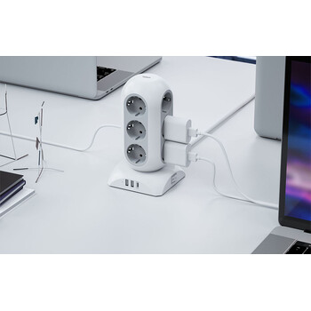 TESSAN 15 IN 1 TOWER SURGE PROTECTOR 12xSCHUKO, 2xUSB, 1xTYPE-C, 2M CABLE WHITE