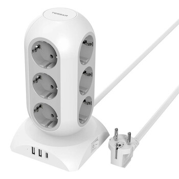 TESSAN 15 IN 1 TOWER SURGE PROTECTOR 12xSCHUKO, 2xUSB, 1xTYPE-C, 2M CABLE WHITE