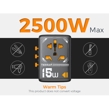 TESSAN UNIVERSAL TRAVEL ADAPTER 2xUSB, 1xTYPE-C MAX 15W