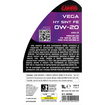 L0040.0 ΛΑΔΙ ΚΙΝΗΤΗΡΑ OW-20 VEGA HY SINT FE ΣΥΝΘΕΤΙΚΟ ACEA C5 FUEL ECONOMY 1L LAMPA - 1 ΤΕΜ.