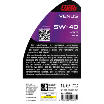L0040.8 ΛΑΔΙ ΚΙΝΗΤΗΡΑ SW-40 VENUS ΣΥΝΘΕΤΙΚΟ UNIVERSAL 1L LAMPA - 1 ΤΕΜ.