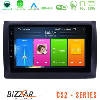 Bizzar cs2 Series 4core Android14 2+32gb Fiat Stilo Navigation Multimedia Tablet 9" με Carplay & Android Auto u-cs2-Ft0824