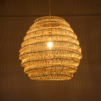 GloboStar® OREGON 02206 Boho Κρεμαστό Φωτιστικό Οροφής Μονόφωτο 1 x E27 AC220-240V IP20 - Φ60 x Υ56cm - Μπεζ Μπαμπού Πλέγμα - 5 Χρόνια Εγγύηση