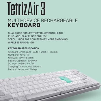 ALCATROZ BT5.3/2.4G MULTI-DEVICE RECHARGEABLE KEYBOARD TETRIZ AIR 3 SUMMER WHITE