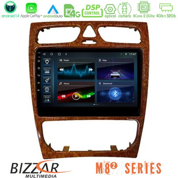 Bizzar m8² Series 8core Android14 4+32gb  Mercedes c Class (W203) Navigation Multimedia Tablet 9" (Wooden Style) με Carplay & Android Auto u-m82-Mb0925w