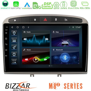 Bizzar m8² Series 8core Android14 4+32gb  Peugeot 308/rcz Navigation Multimedia Tablet 9" (Ασημί Χρώμα) με Carplay & Android Auto u-m82-Pg705s
