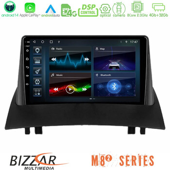 Bizzar m8² Series 8core Android14 4+32gb  Renault Megane 2 2002-2008 Navigation Multimedia Tablet 9" με Carplay & Android Auto u-m82-Rn0717