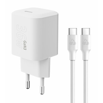POWERTECH φορτιστής τοίχου PT-1350 με καλώδιο, USB-C, 36W, GaN, λευκός