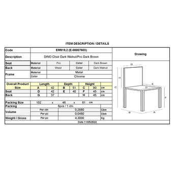ΕΜ919,2 DINO Καρέκλα Τραπεζαρίας Κουζίνας, Μέταλλο Χρώμιο Σκούρο Καρυδί, PVC Καφέ