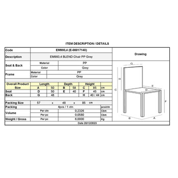 ΕΜ993,4 BLEND Καρέκλα Τραπεζαρίας Κουζίνας - PP Γκρι