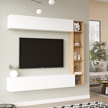 Σύνθεση σαλονιού Compo επιτοίχιο pakoworld σε φυσικό-λευκό απόχρωση 169,10x25,8x143.5εκ