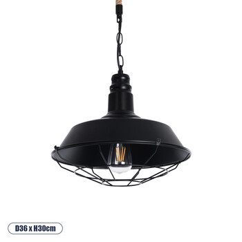 GloboStar® CRANE 01109 Vintage Κρεμαστό Φωτιστικό Καμπάνα Μονόφωτο 1 x E27 IP20 Μαύρο Μέταλλο με Μπεζ Σχοινί - Μ36 x Π36 x Υ30cm