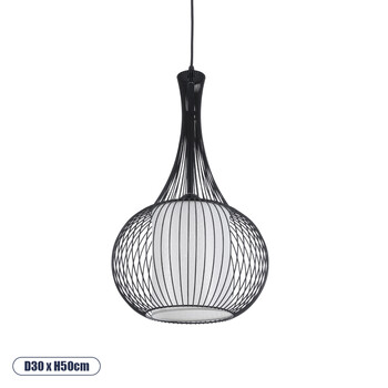 GloboStar® REA 01198 Μοντέρνο Κρεμαστό Φωτιστικό Πλέγμα Μονόφωτο 1 x E27 IP20 Μαύρο Μέταλλο με Λευκό Ύφασμα - Μ30 x Π30 x Υ50cm