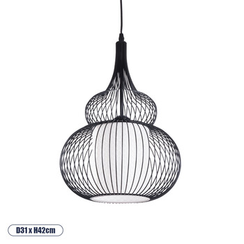 GloboStar® REA 01199 Μοντέρνο Κρεμαστό Φωτιστικό Πλέγμα Μονόφωτο 1 x E27 IP20 Μαύρο Μέταλλο με Λευκό Ύφασμα - Μ31 x Π31 x Υ42cm