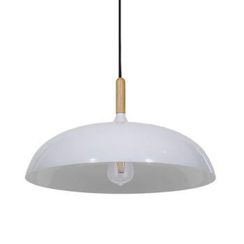 GloboStar® VALLETE 01256 Μοντέρνο Κρεμαστό Φωτιστικό Καμπάνα Μονόφωτο 1 x E27 IP20 Λευκό Μέταλλο με Μπεζ Ξύλο - Μ45 x Π45 x Υ27cm