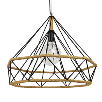GloboStar® FLUTED 01422 Vintage Κρεμαστό Φωτιστικό Πλέγμα Μονόφωτο 1 x E27 IP20 Μαύρο Μέταλλο με Μπεζ Σχοινί - Μ50 x Π50 x Y44cm