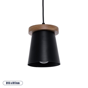 GloboStar® LANA 01424 Μοντέρνο Κρεμαστό Φωτιστικό Καμπάνα Μονόφωτο 1 x E27 IP20 Μαύρο Μέταλλο με Καφέ Ξύλο - Μ13 x Π13 x Y17cm