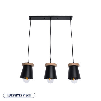 GloboStar® LANA 01425 Μοντέρνο Κρεμαστό Φωτιστικό Ράγα Τρίφωτο 3 x E27 IP20 Μαύρο Μέταλλο με Καφέ Ξύλο - Μ60 x Π13 x Υ18cm